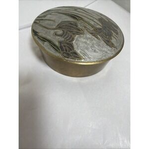 Brass Round Enamel Trinket Box Dish Flowers Iris Lid India Label